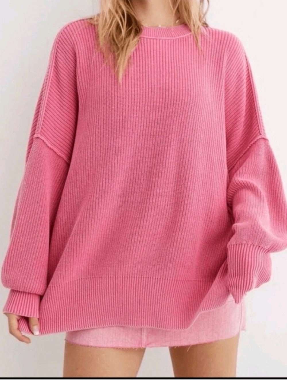 aerie Oversized Ribbed Cotton Crewneck Sweater - Pink
